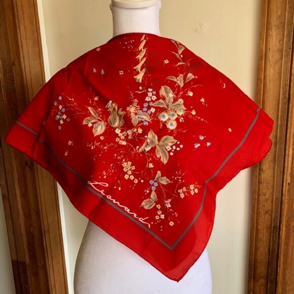 Leonard Accessories - LEONARD Red Floral Square Scarf Vintage